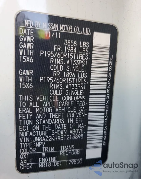 2011 Nissan Cube Base from USA, damaged, VIN JN8AZ2KRXBT213898